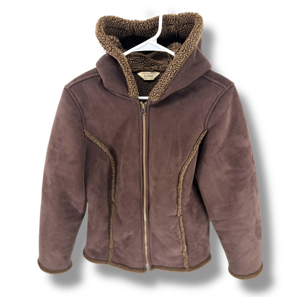 LL Bean Womens M Brown Faux Suede Sherpa Lined Hooded Jacket Teddy Coat
